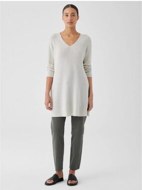 Eileen Fisher Peruvian Organic Cotton Crepe V-Neck Long Top